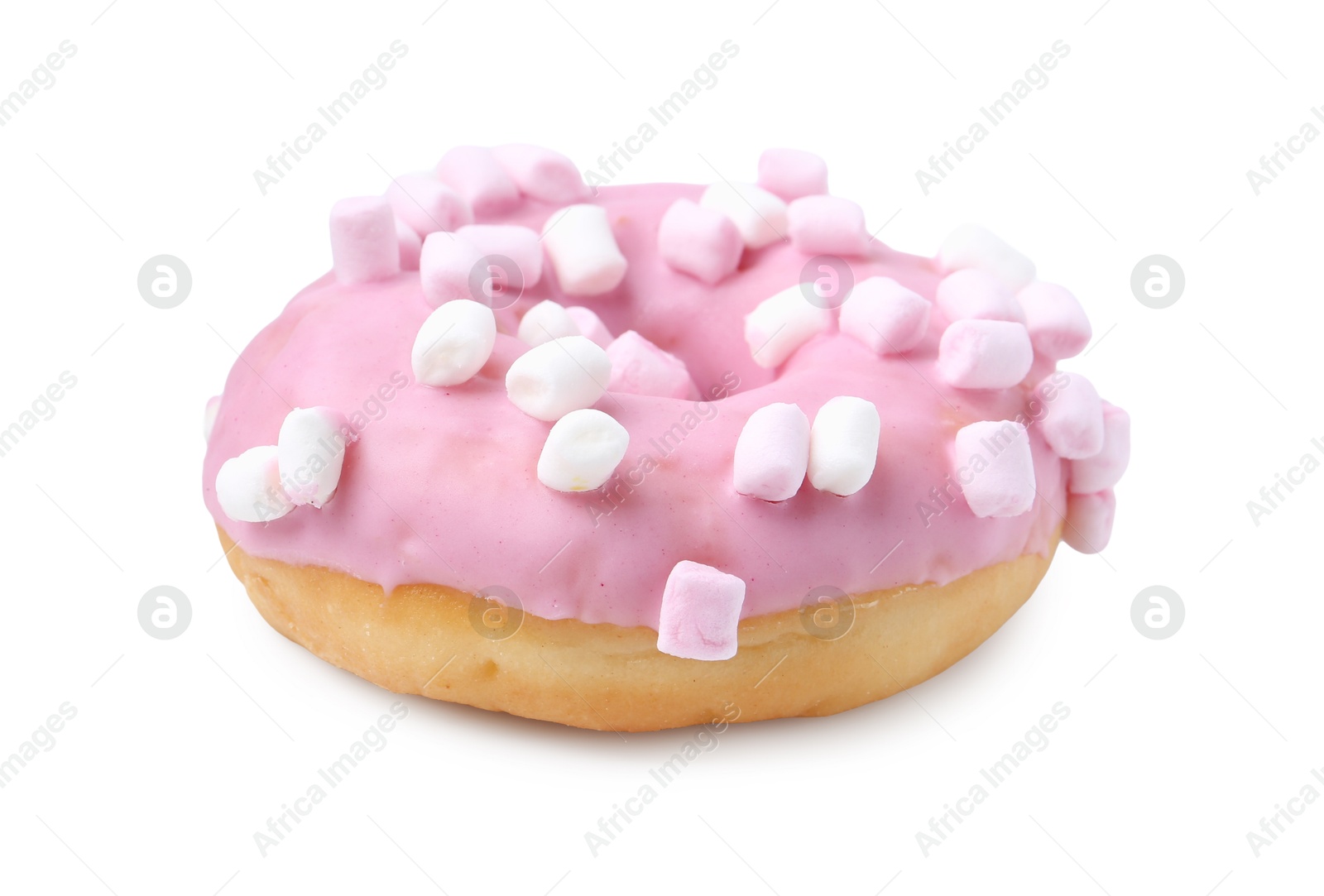One delicious donut with marshmallows isolated on white Photo of One delicious donut with marshmallows isolated on white