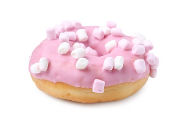 Photo of One delicious donut with marshmallows isolated on white
