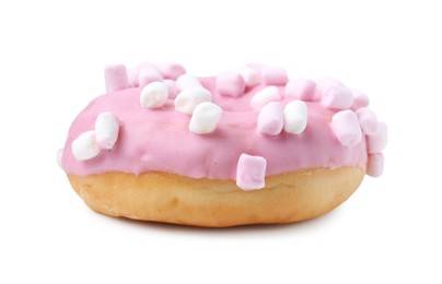 Photo of One delicious donut with marshmallows isolated on white