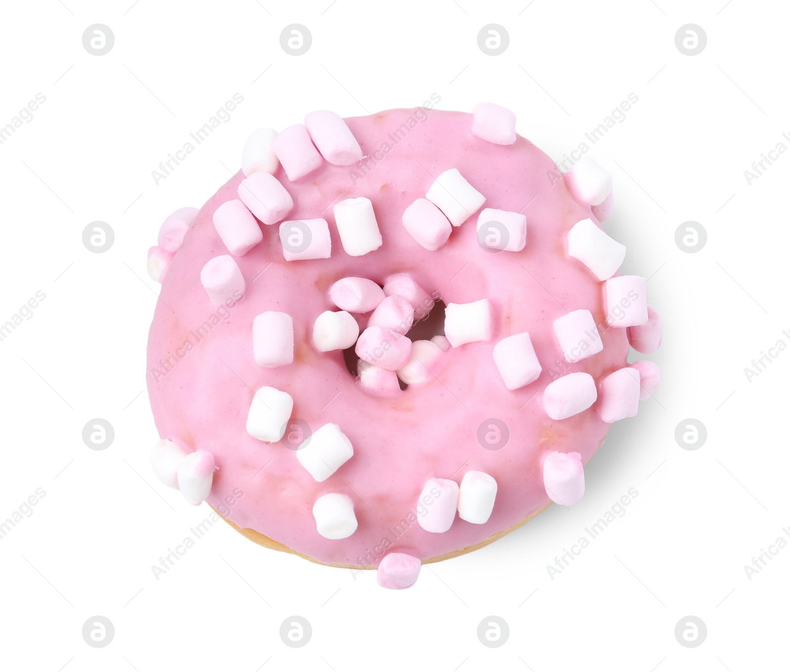 One delicious donut with marshmallows isolated on white, top view Photo of One delicious donut with marshmallows isolated on white, top view