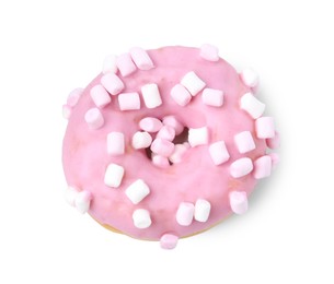 Photo of One delicious donut with marshmallows isolated on white, top view