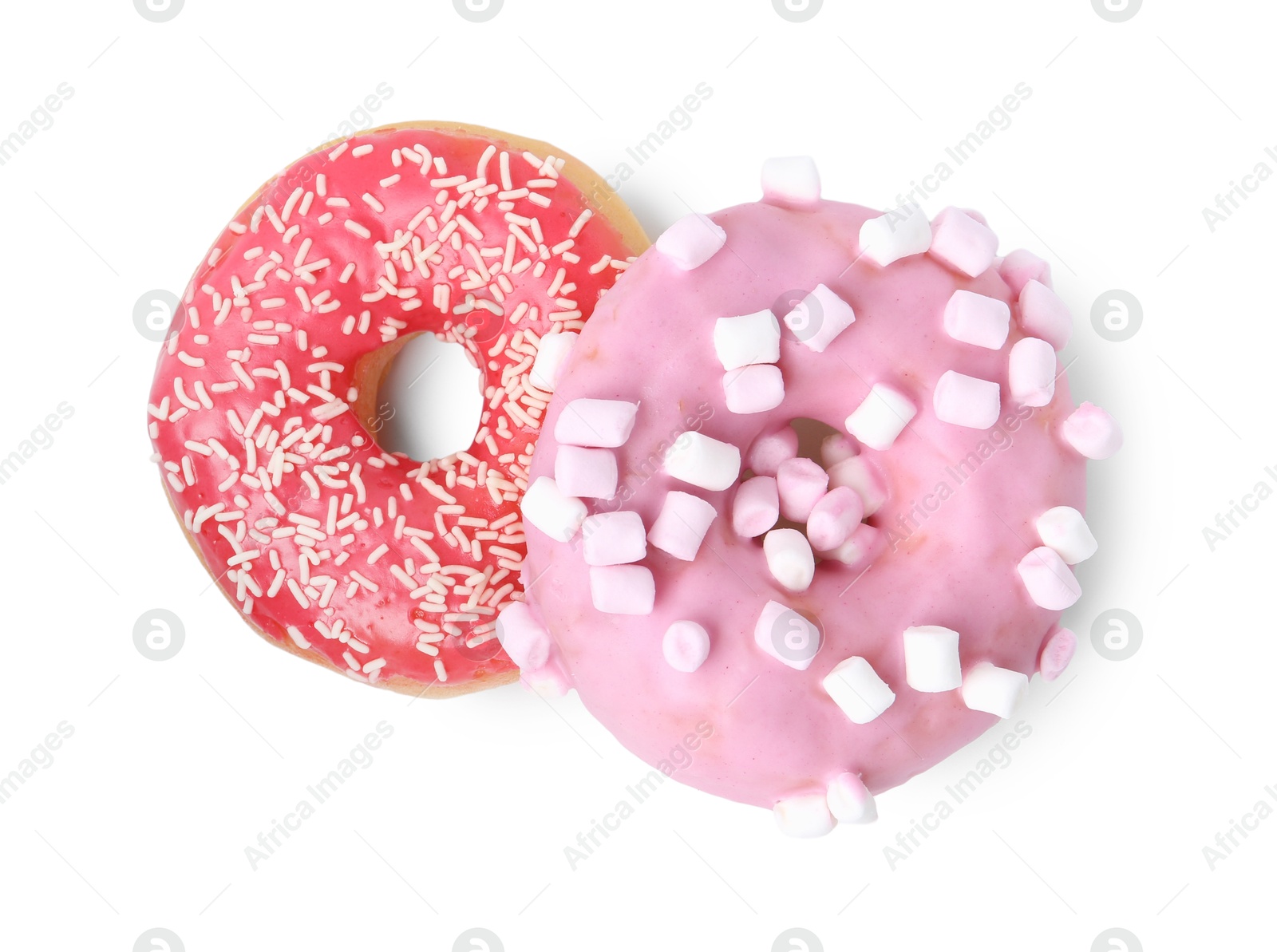Delicious donuts with marshmallows and sprinkles isolated on white, top view Photo of Delicious donuts with marshmallows and sprinkles isolated on white, top view