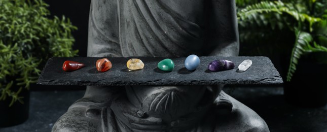 Photo of Statue with chakra gemstones and plants on black table, closeup