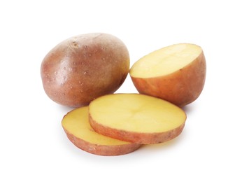 Photo of Whole and cut fresh potatoes isolated on white