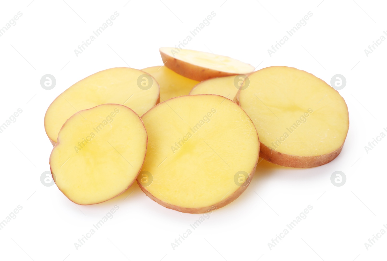 Pieces of fresh potatoes isolated on white Photo of Pieces of fresh potatoes isolated on white