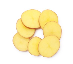 Photo of Pieces of fresh potatoes isolated on white, top view