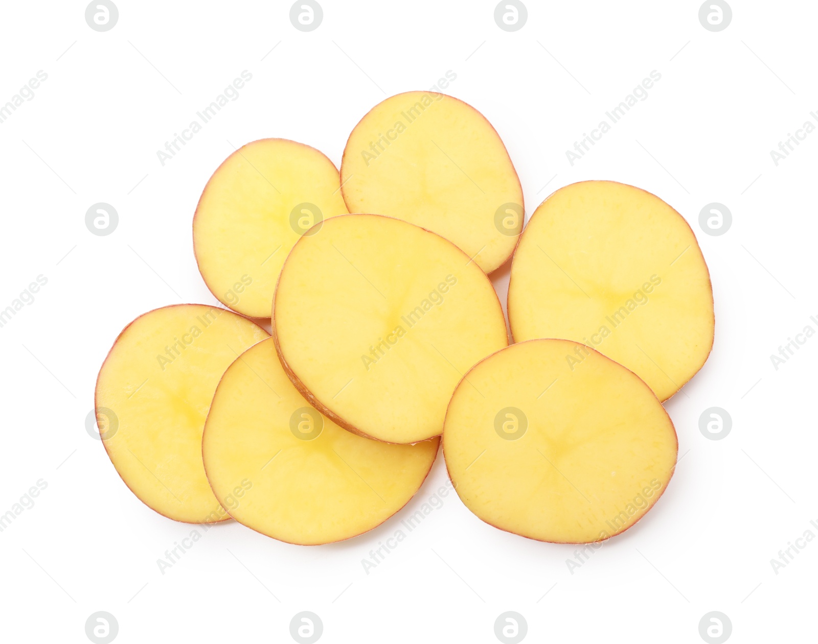 Pieces of fresh potatoes isolated on white, top view Photo of Pieces of fresh potatoes isolated on white, top view