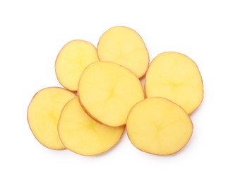 Photo of Pieces of fresh potatoes isolated on white, top view