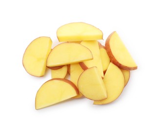 Photo of Pieces of fresh potatoes isolated on white, top view