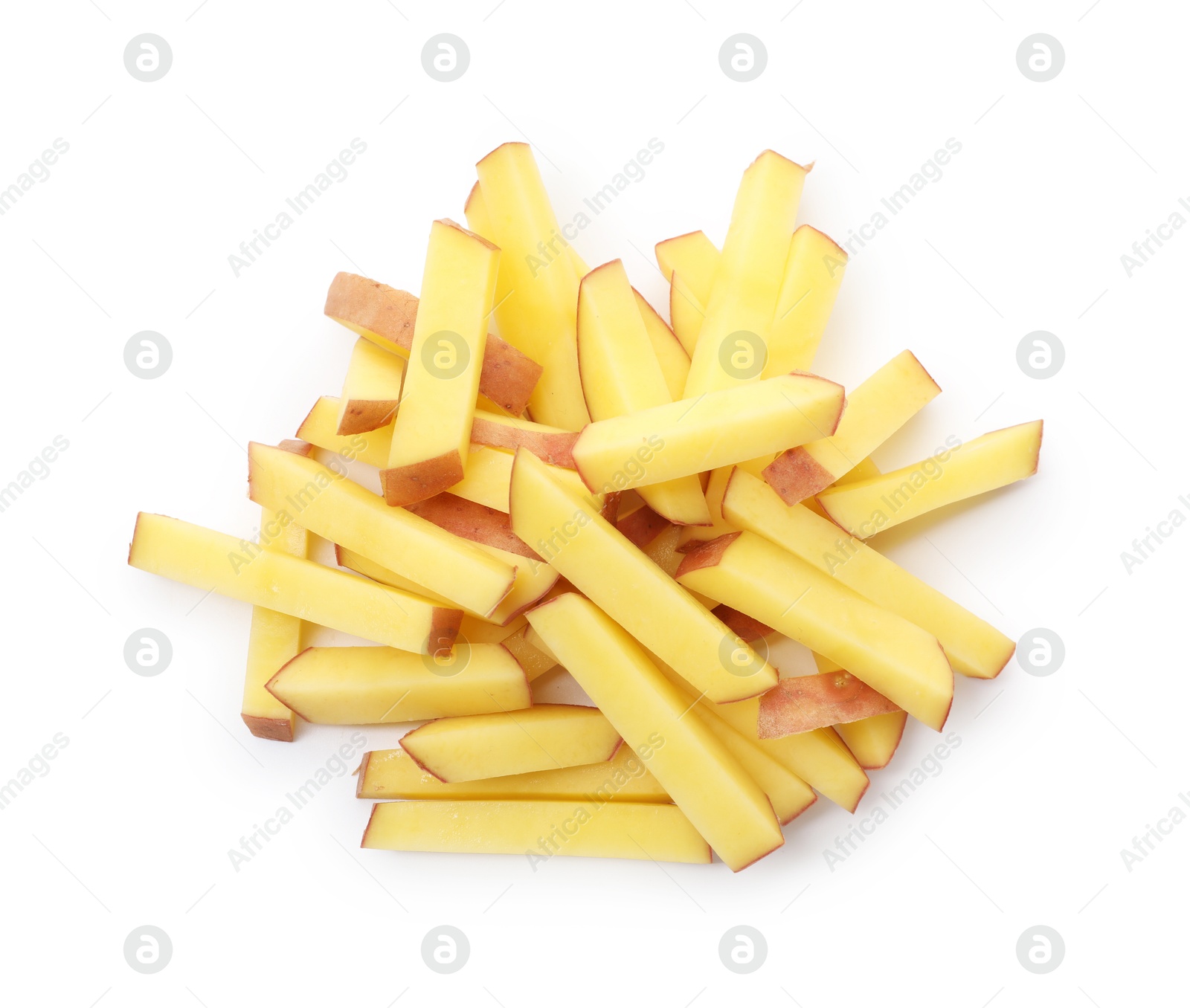 Pieces of fresh potatoes isolated on white, top view Photo of Pieces of fresh potatoes isolated on white, top view