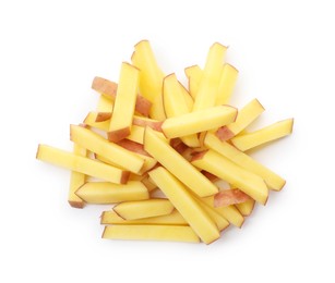 Photo of Pieces of fresh potatoes isolated on white, top view