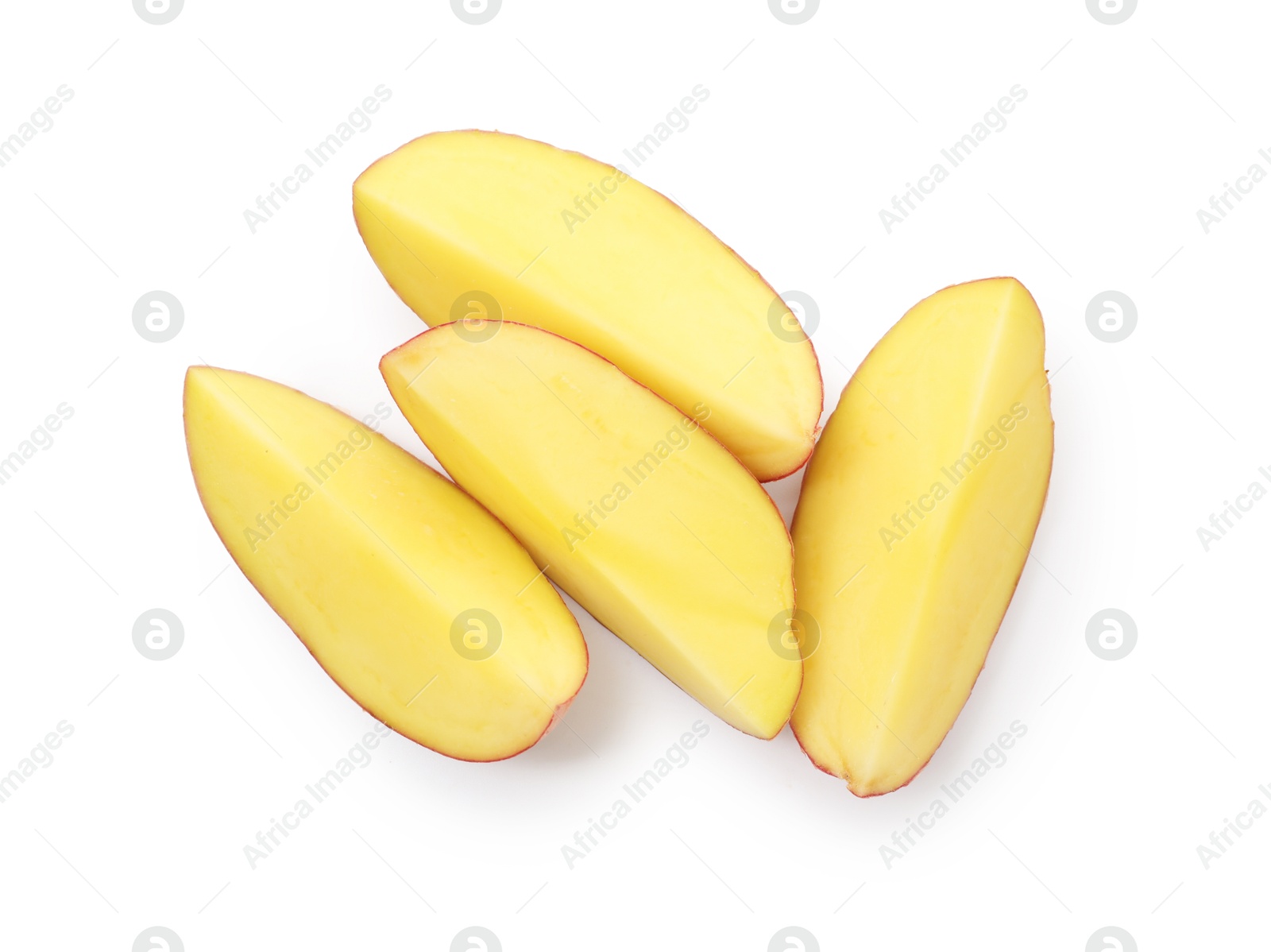 Pieces of fresh potatoes isolated on white, top view Photo of Pieces of fresh potatoes isolated on white, top view
