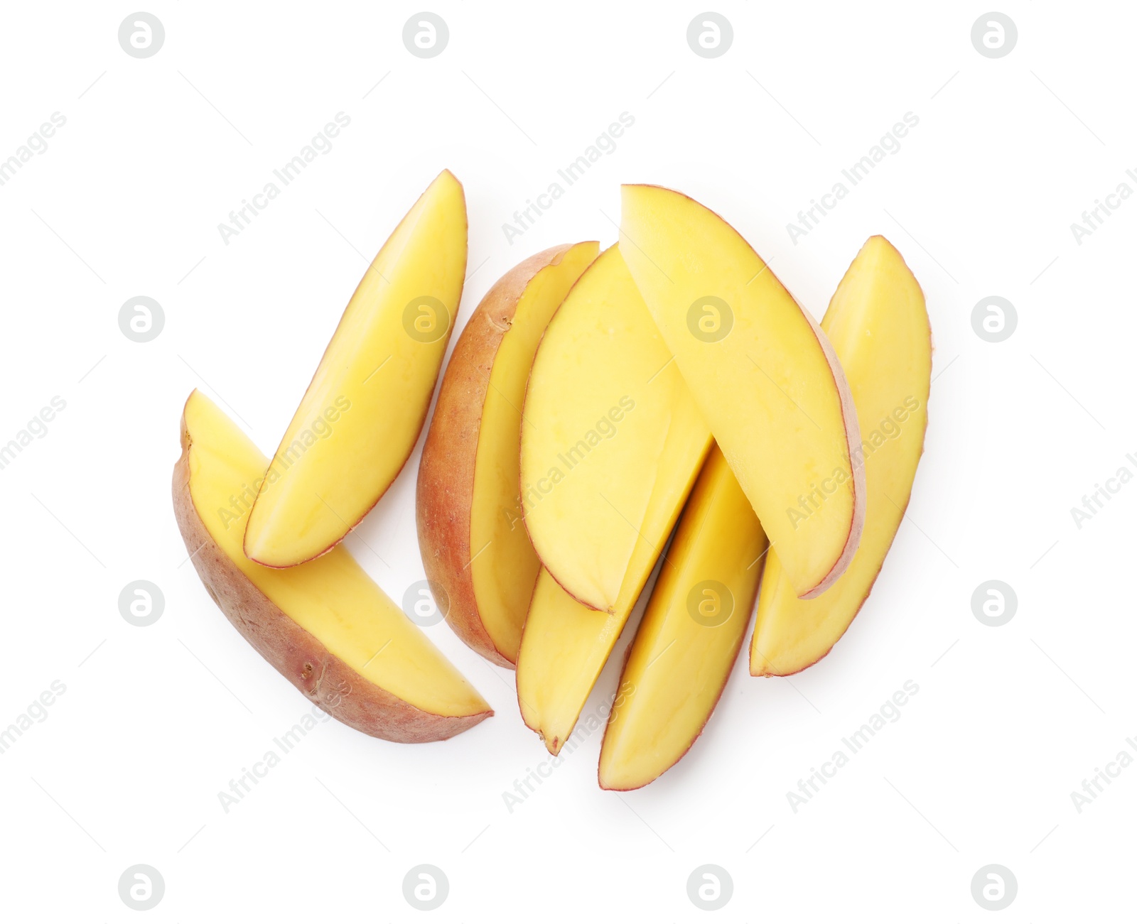 Pieces of fresh potatoes isolated on white, top view Photo of Pieces of fresh potatoes isolated on white, top view