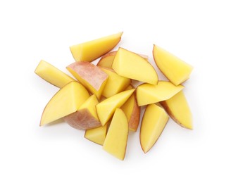Photo of Pieces of fresh potatoes isolated on white, top view