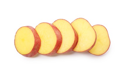 Photo of Cut fresh red potato isolated on white, top view