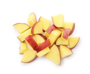 Photo of Pieces of fresh red potatoes isolated on white, top view