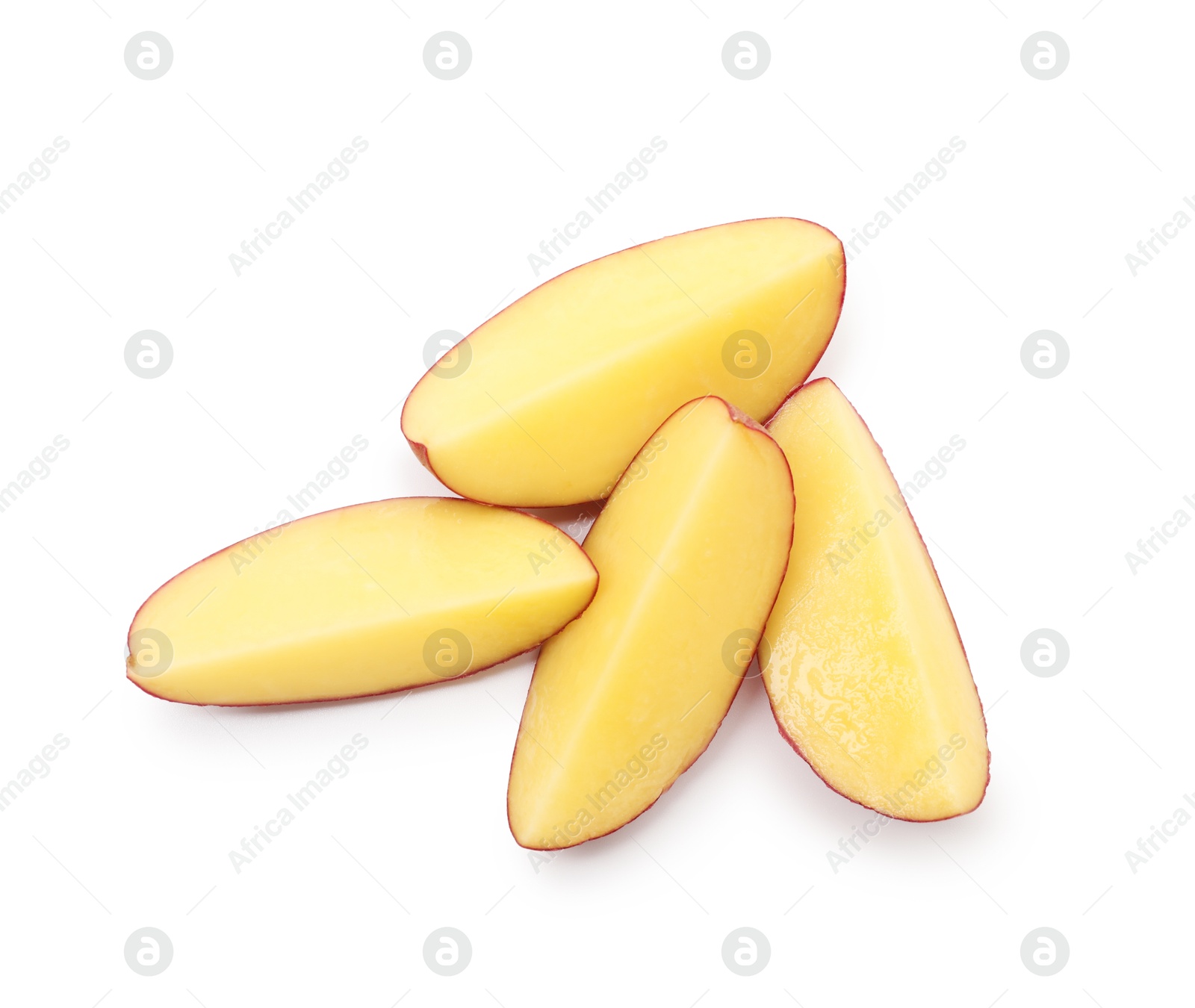 Pieces of fresh red potatoes isolated on white, top view Photo of Pieces of fresh red potatoes isolated on white, top view