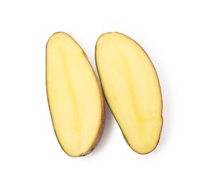 Photo of Pieces of fresh potato isolated on white, top view