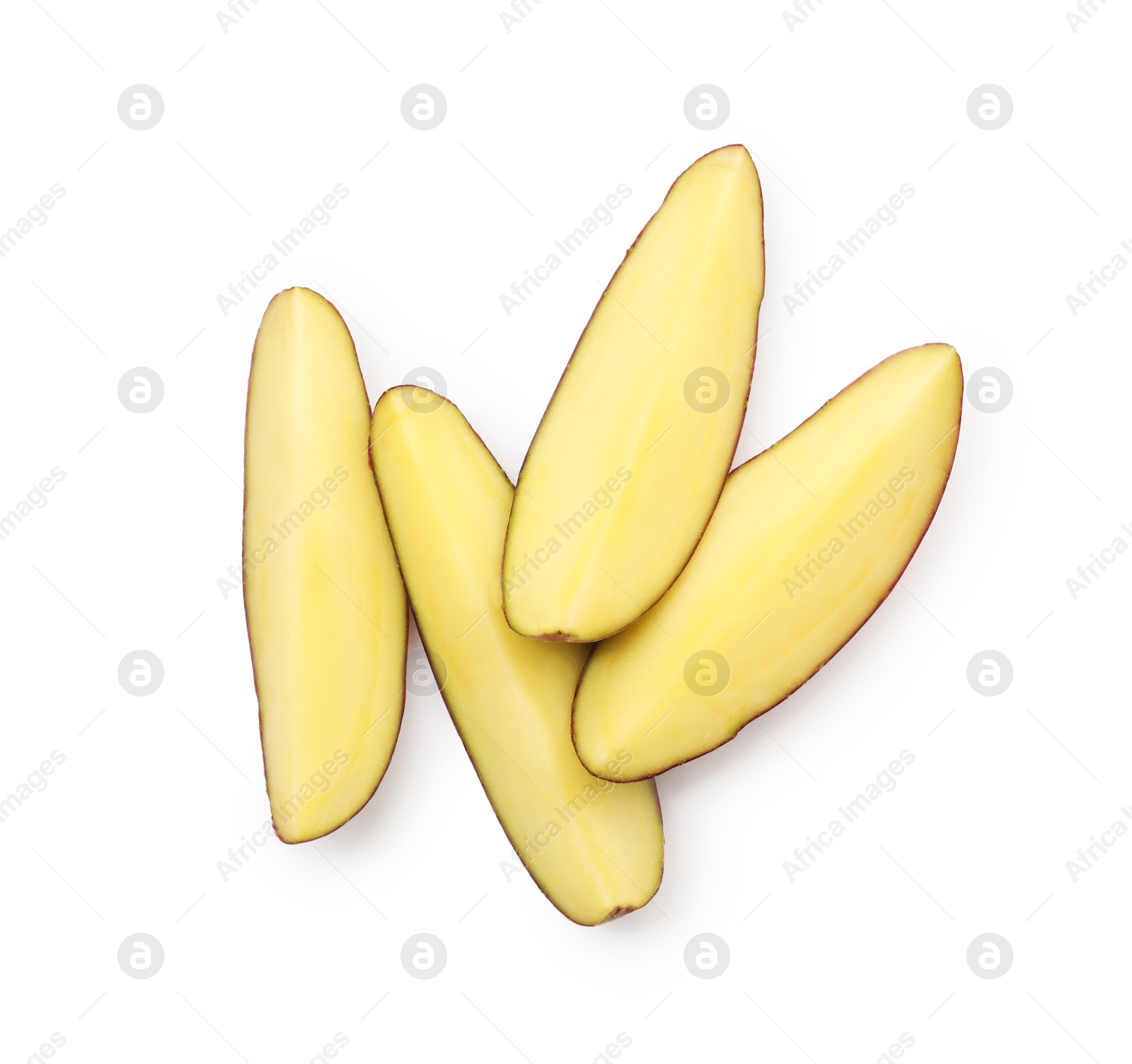 Pieces of fresh potatoes isolated on white, top view Photo of Pieces of fresh potatoes isolated on white, top view