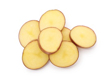 Photo of Pieces of fresh red potatoes isolated on white, top view