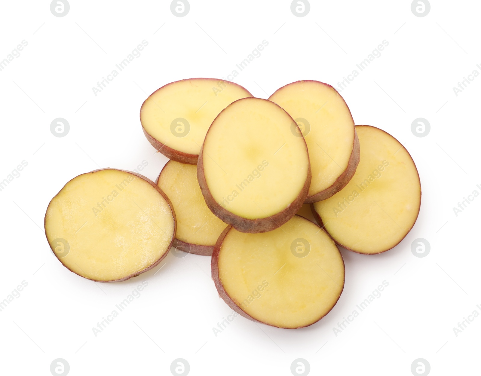 Pieces of fresh red potatoes isolated on white, top view Photo of Pieces of fresh red potatoes isolated on white, top view