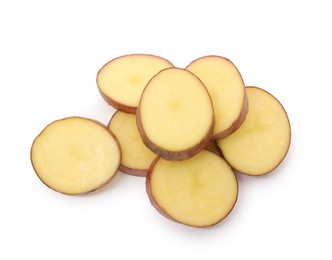 Photo of Pieces of fresh red potatoes isolated on white, top view
