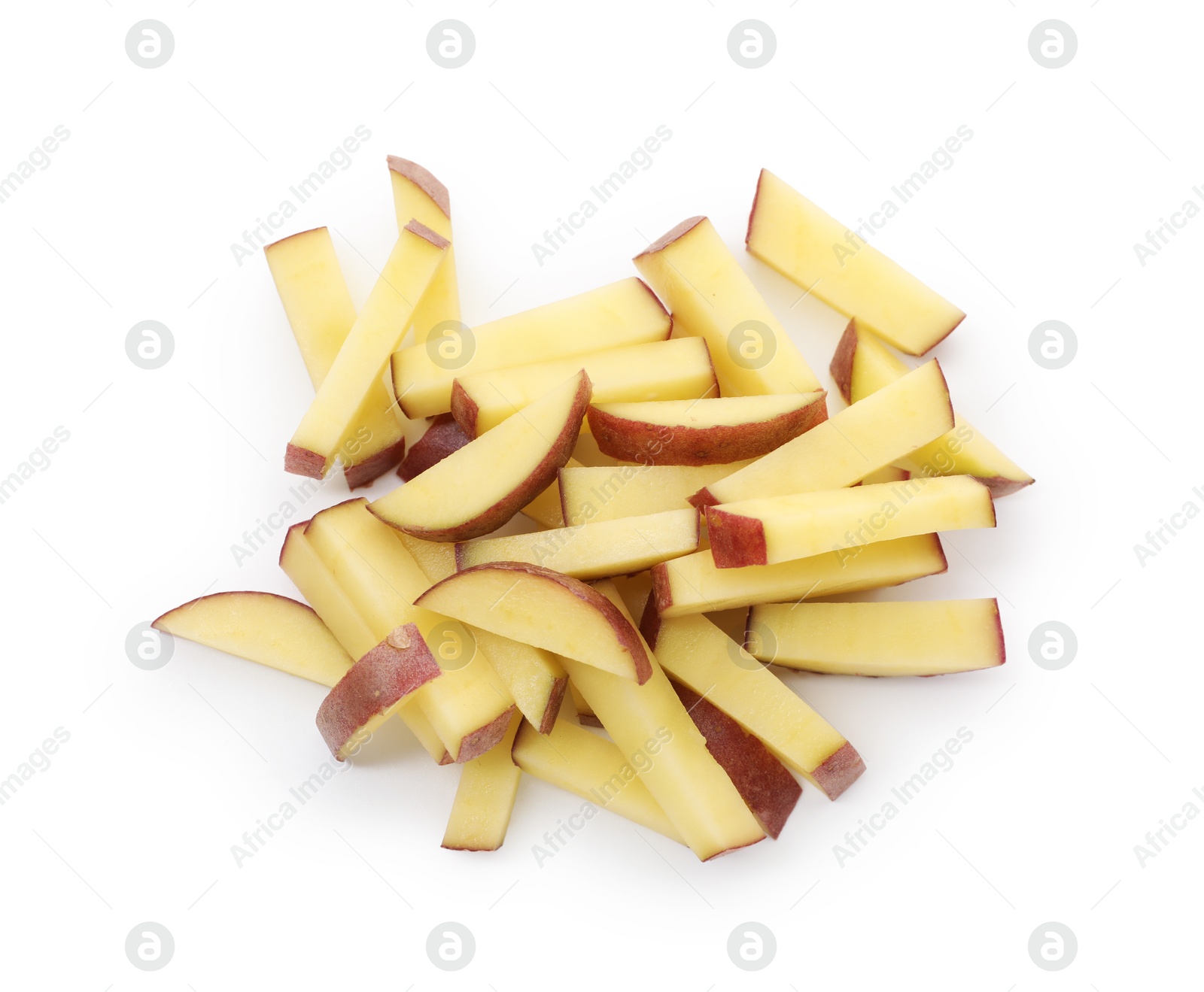Pieces of fresh red potatoes isolated on white, top view Photo of Pieces of fresh red potatoes isolated on white, top view