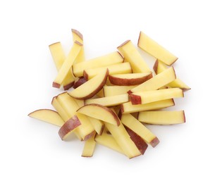 Photo of Pieces of fresh red potatoes isolated on white, top view