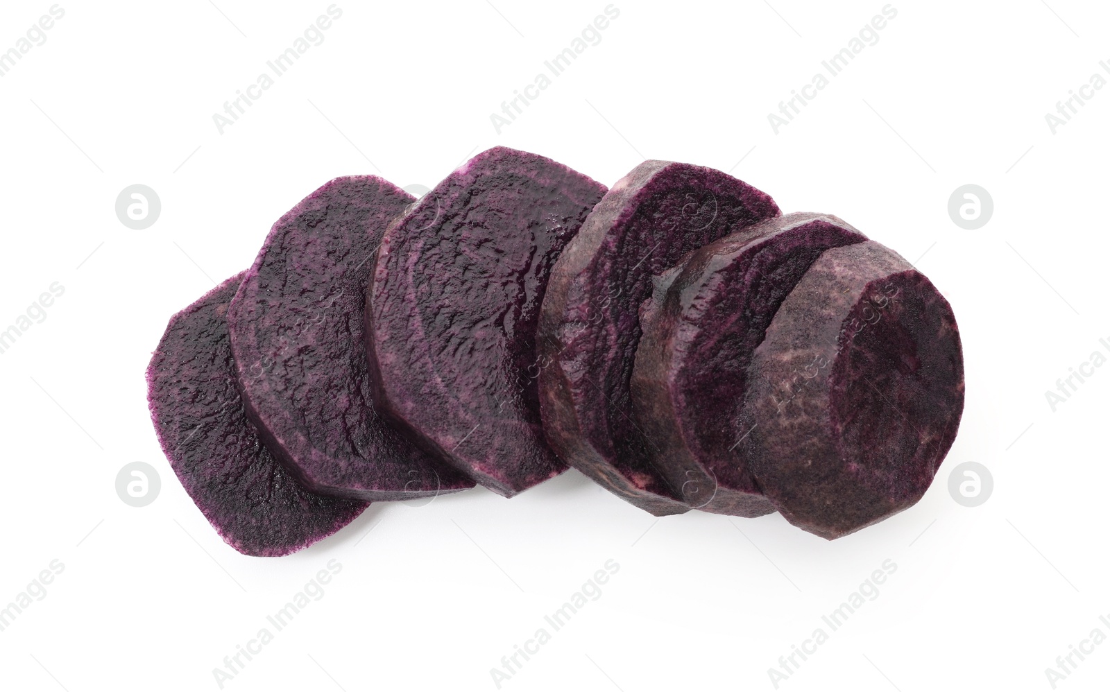 Cut fresh purple potato isolated on white, top view Photo of Cut fresh purple potato isolated on white, top view