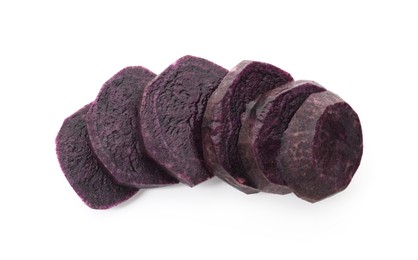 Photo of Cut fresh purple potato isolated on white, top view