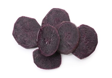 Photo of Pieces of fresh purple potato isolated on white, top view