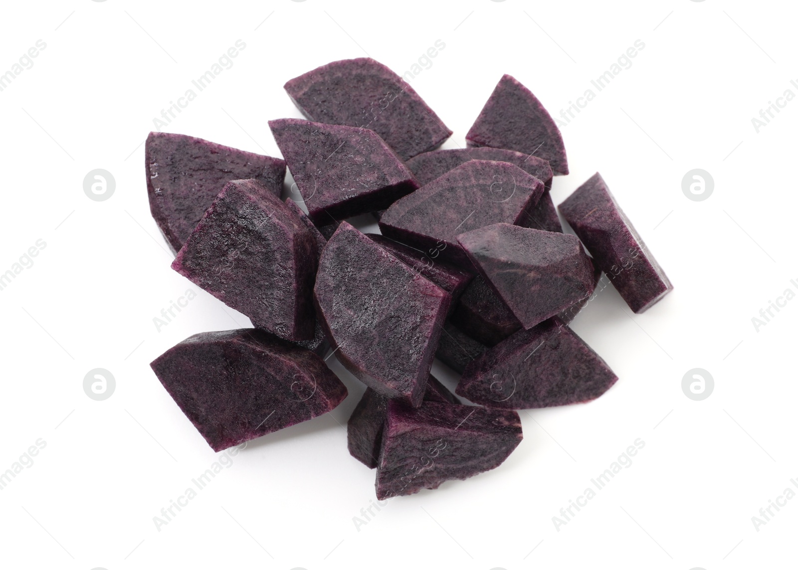 Photo of Pieces of fresh purple potato isolated on white, top view