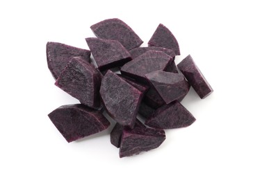 Photo of Pieces of fresh purple potato isolated on white, top view