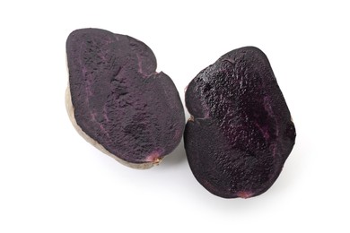 Photo of Cut fresh purple potato isolated on white, top view