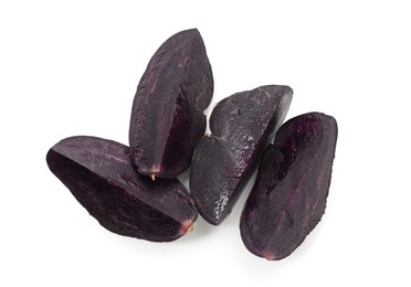 Photo of Pieces of fresh purple potato isolated on white, top view