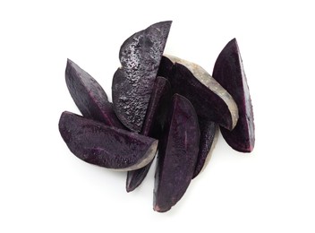 Photo of Pieces of fresh purple potato isolated on white, top view