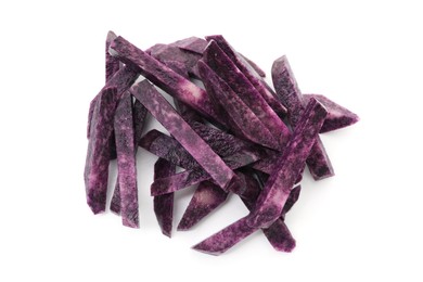 Photo of Pieces of fresh purple potato isolated on white, top view