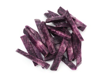 Photo of Pieces of fresh purple potato isolated on white, top view