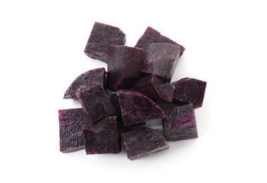 Photo of Pieces of fresh purple potato isolated on white, top view