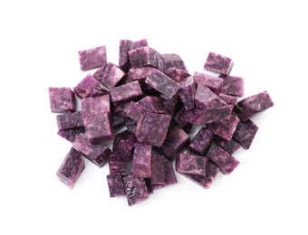 Photo of Pieces of fresh purple potato isolated on white, top view