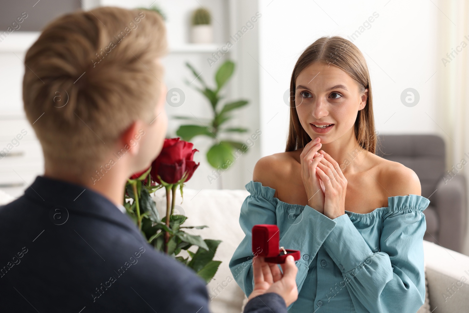 Man with engagement ring and bouquet of roses making marriage proposal to his happy girlfriend at home Photo of Man with engagement ring and bouquet of roses making marriage proposal to his happy girlfriend at home