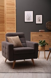 Photo of Contemporary armchair with pillow, rug and houseplant indoors. Interior design