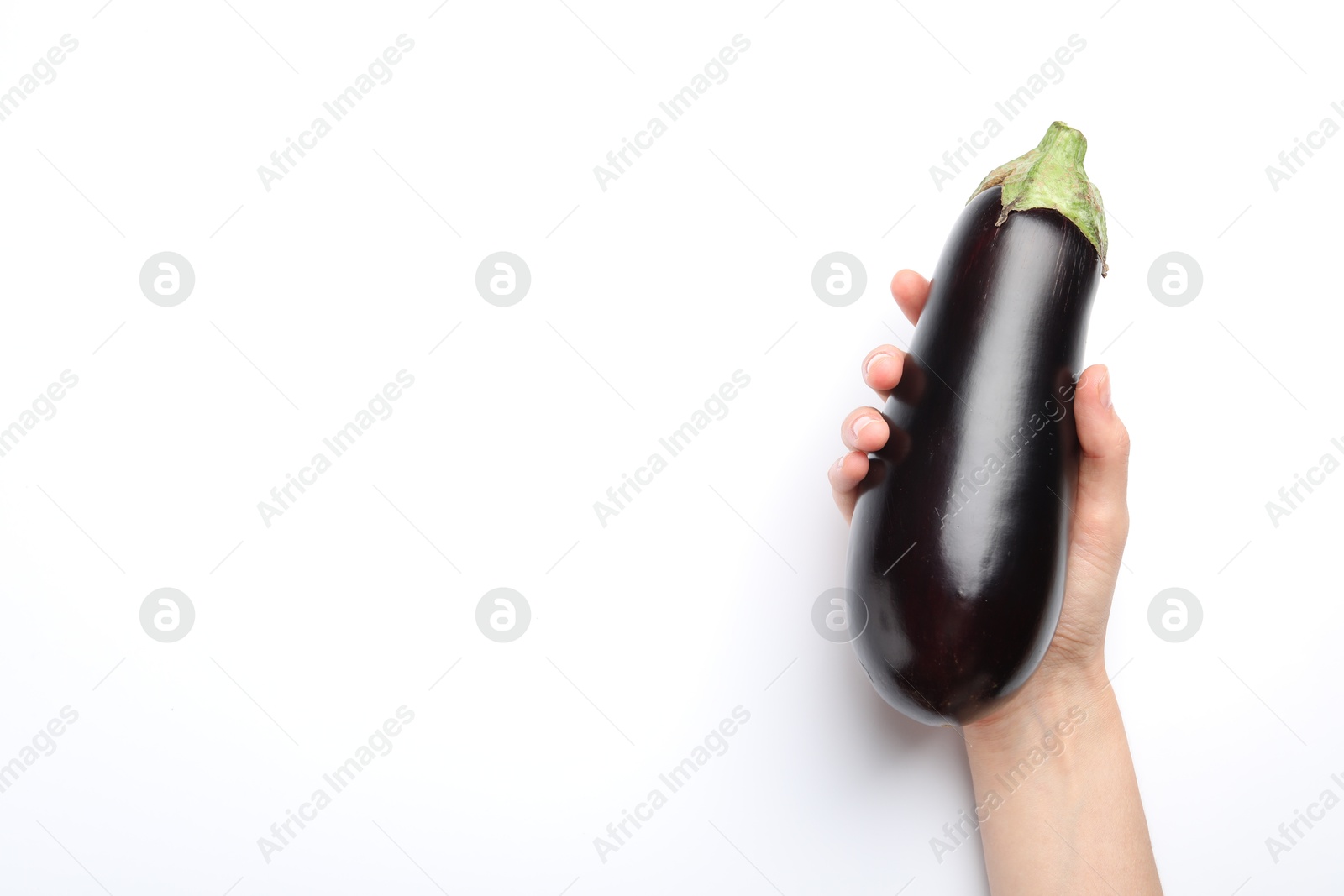 Woman with fresh eggplant on white background, top view. Space for text Photo of Woman with fresh eggplant on white background, top view. Space for text