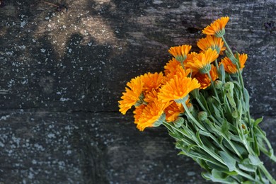 Photo of Beautiful orange Calendula flowers on wooden table, top view. Space for text