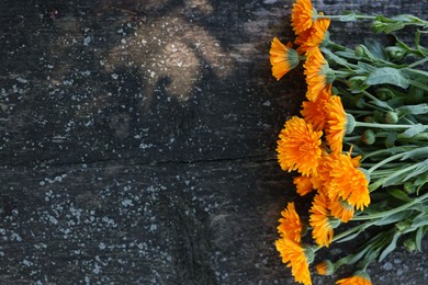 Photo of Beautiful orange Calendula flowers on wooden table, top view. Space for text