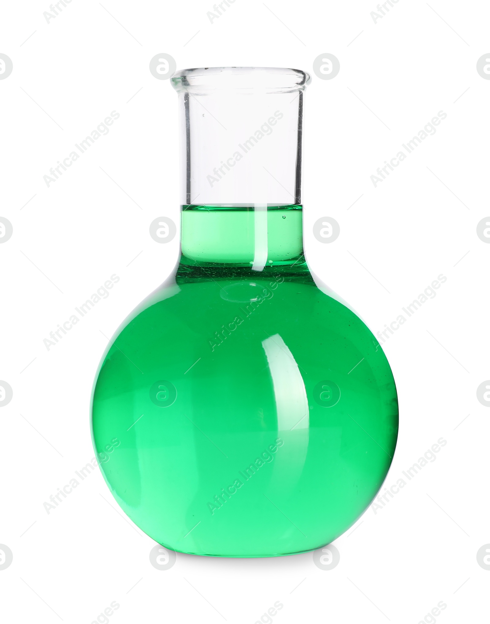 Photo of Flask with green liquid isolated on white
