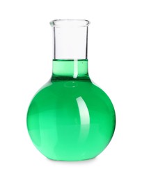 Photo of Flask with green liquid isolated on white