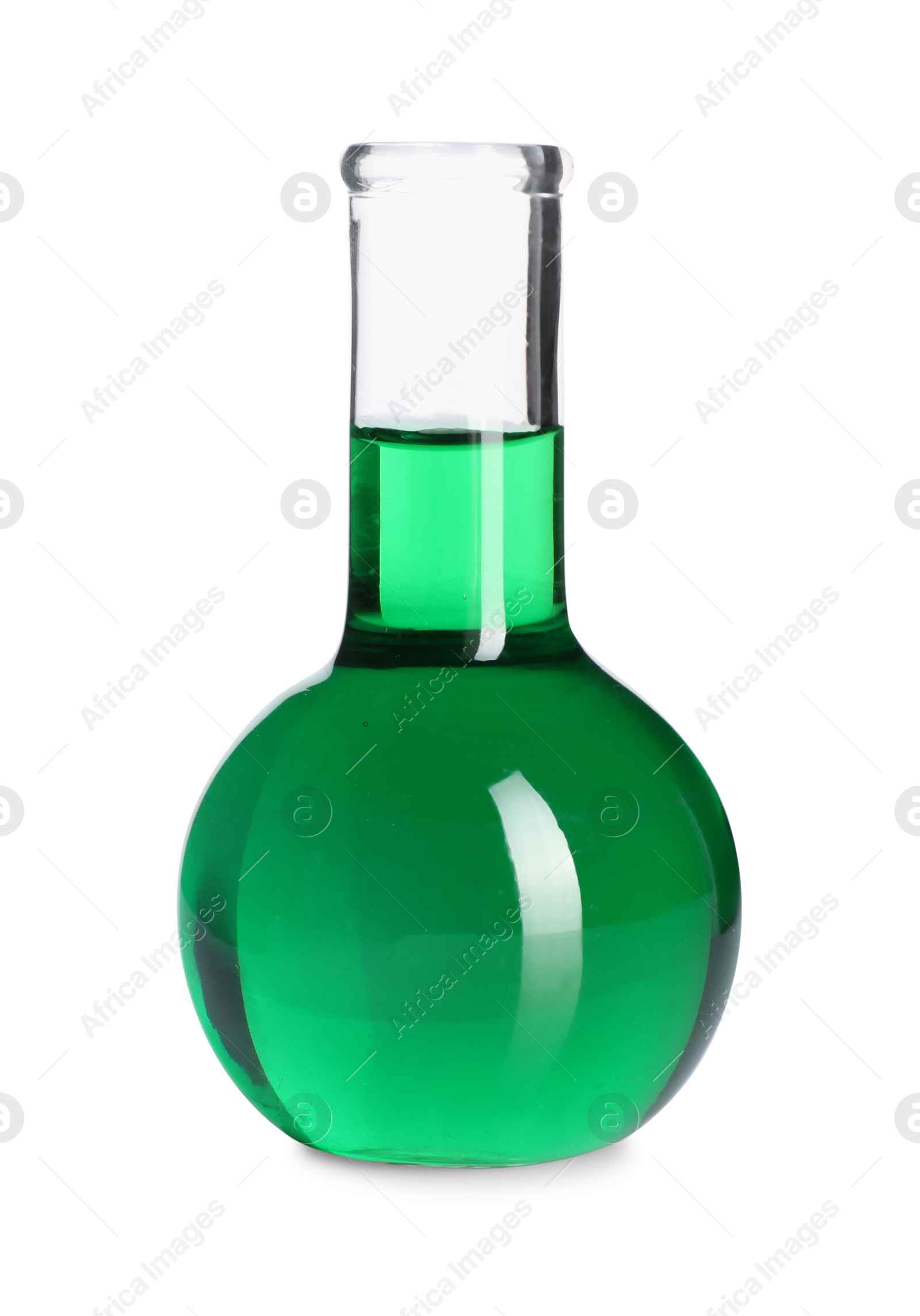 Photo of Flask with green liquid isolated on white