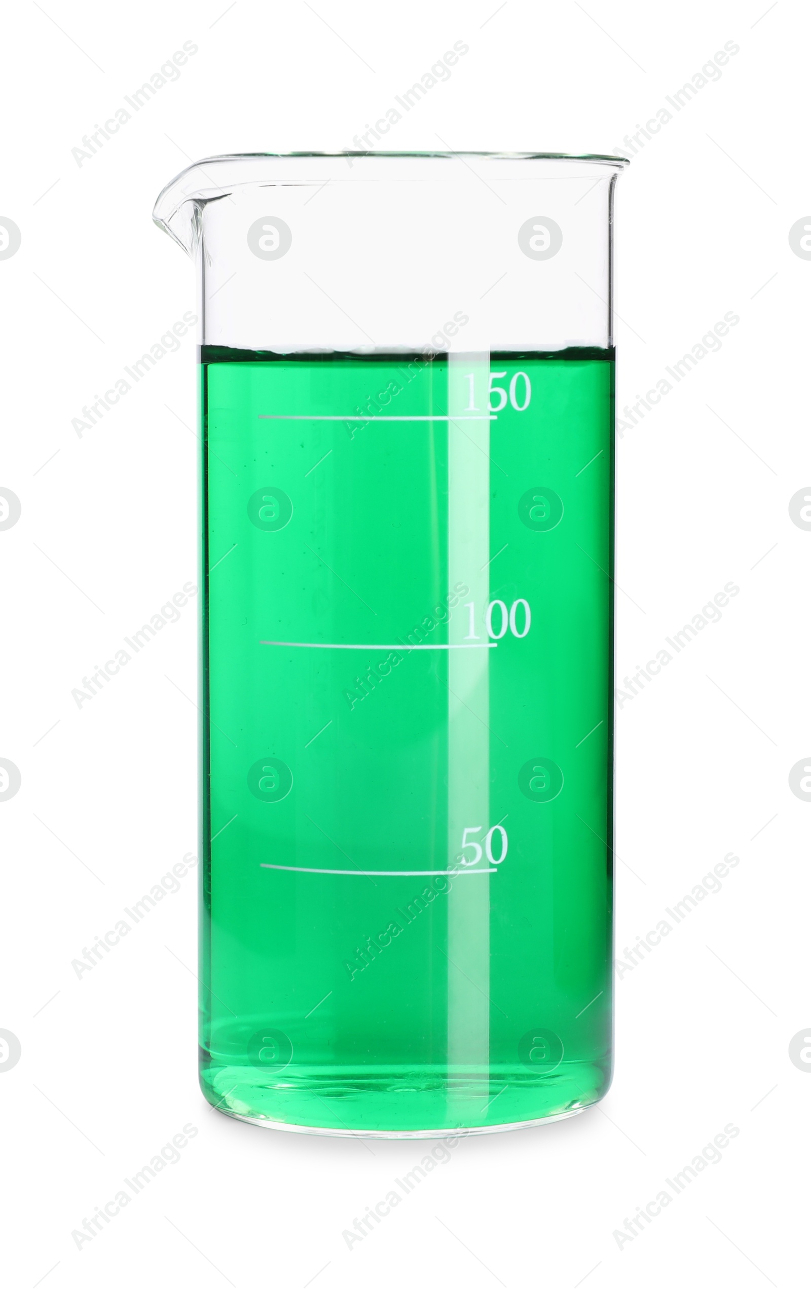 Beaker with green liquid isolated on white Photo of Beaker with green liquid isolated on white