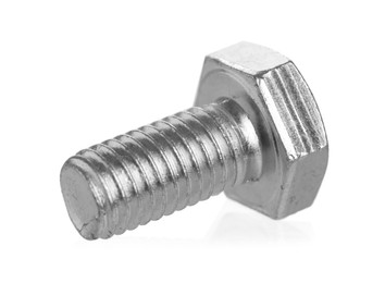 Photo of One metal bolt isolated on white. Hardware tool